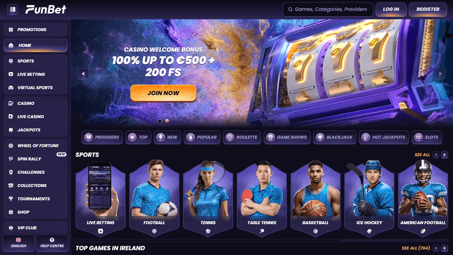 Funbet Casino desktop homepage with casino categories and promotional content