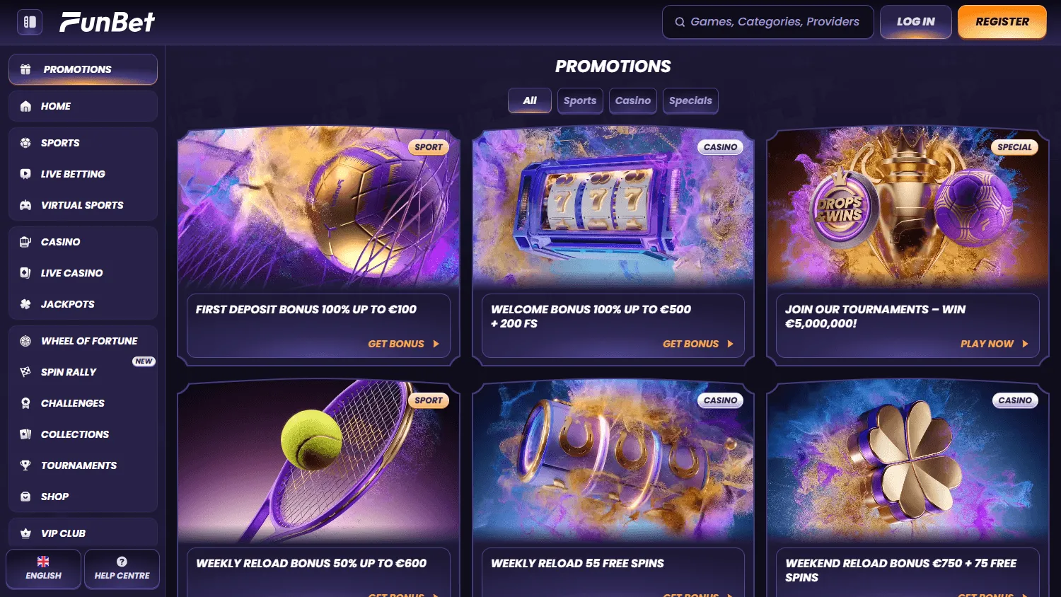 Funbet Casino desktop promotions area with available reward offers