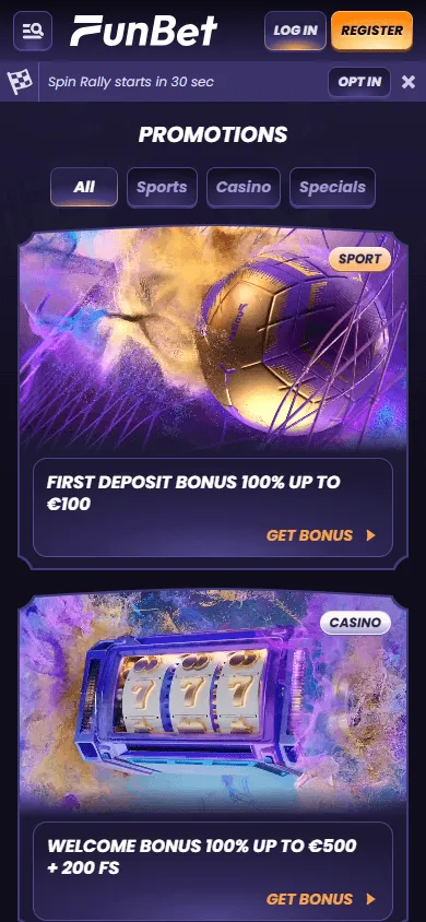 Funbet Casino mobile promotions area with available reward offers