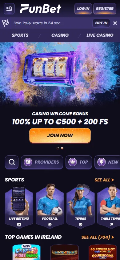 Funbet Casino mobile homepage with casino navigation and promotional content