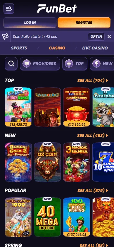 Funbet Casino mobile casino catalogue with game categories