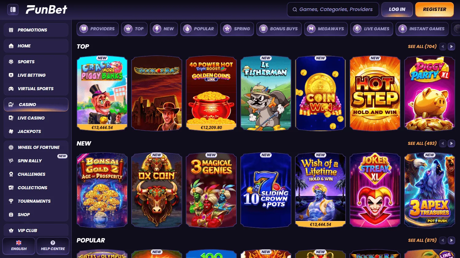 Funbet Casino desktop casino catalogue with game categories